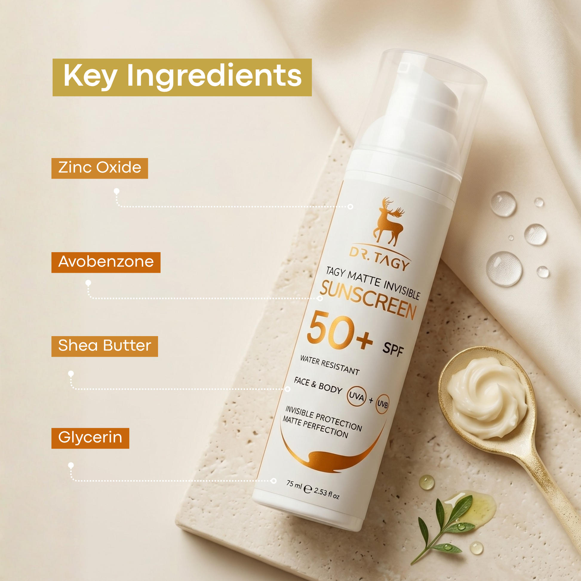 SUNSCREEN & sunblock  SPF 50+  75ml. airless luxury pump