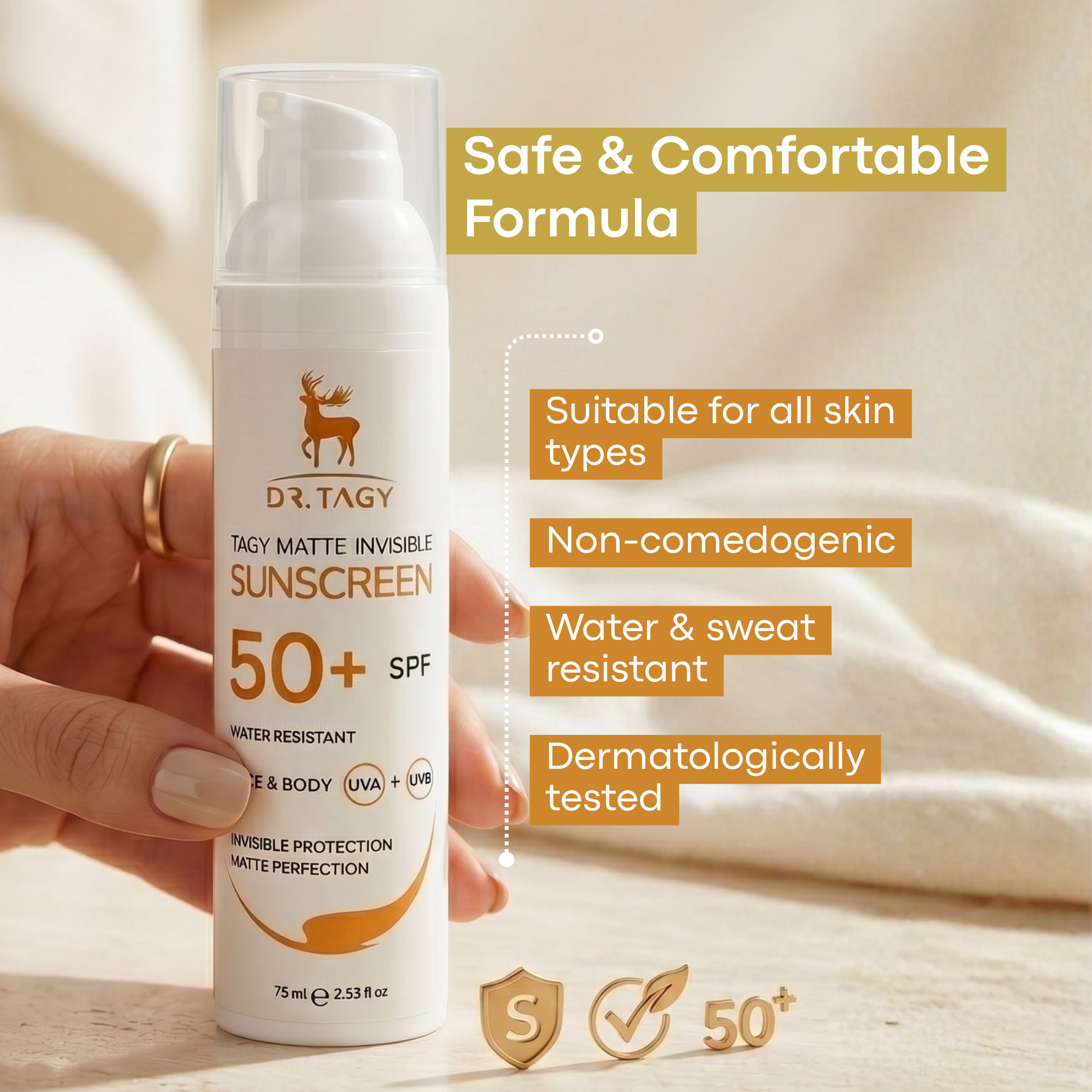 SUNSCREEN & sunblock  SPF 50+  75ml. airless luxury pump