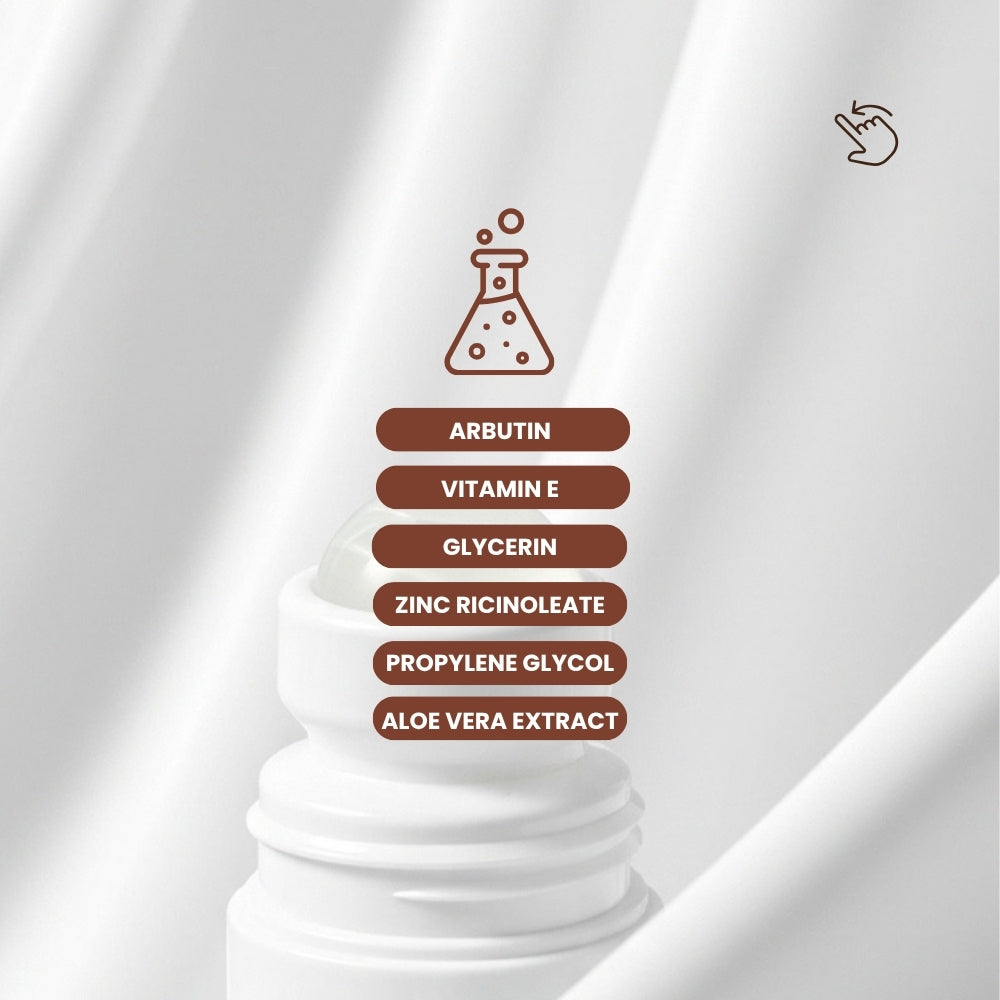 Key ingredients of Dr. Tagy Underarm Brightening & Corrector Cream — Arbutin, Vitamin E, Glycerin, Zinc Ricino leate, Propylene Glycol, and Aloe Vera Extract — known for brightening, soothing, and hydrating underarm skin.