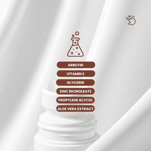 ACTIVE FRESH Roll-On for Women ingredients — Arbutin, Zinc Ricinoleate, Panthenol (Pro-Vitamin B5), Glycerin, and Propylene Glycol — displayed on a clean white background with a lab beaker icon, emphasizing underarm tone care, skin comfort, and a formula completely free from harmful aluminum.