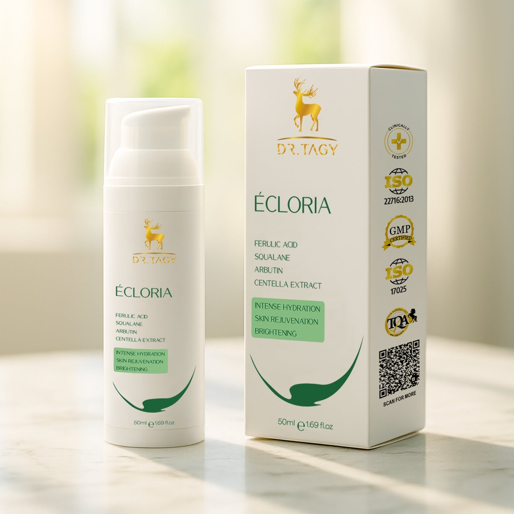Dr. Tagy Ecloria Cream – hydrating and tone-evening face cream for skin repair, shown with packaging on a light background.