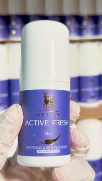 Promotional video showcasing Dr. Tagy ACTIVE FRESH Brightening Roll-On for Men — blue packaging presented in a clean and fresh setting, highlighting underarm tone-correcting care, long-lasting freshness, and a formula completely free from harmful aluminum.