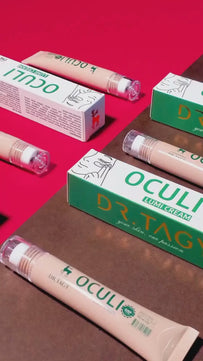 Promotional video showcasing Dr. Tagy OCULi Eye Cream packaging and tube design, highlighting the product’s elegant look and premium quality on a red background.